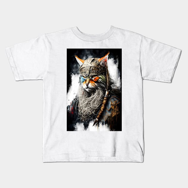 Portrait of a Viking Cat Painting Kids T-Shirt by ArtisticCorner